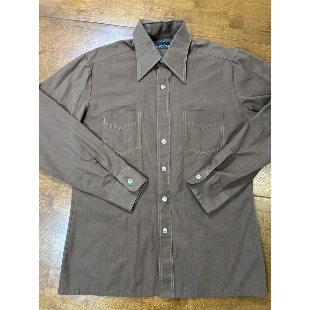 JC Penny Button Down Shirt Men's Size Medium Brown Long Sleeve